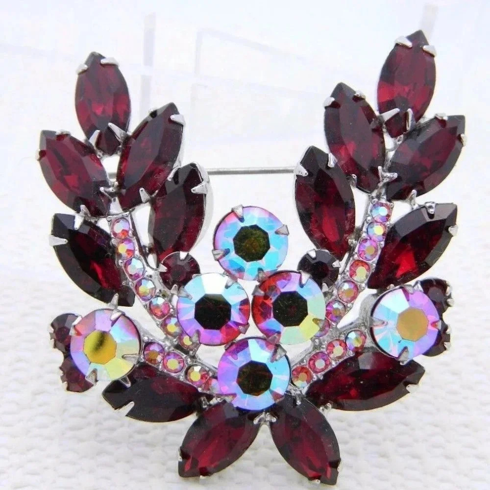 Large Silver Tone Red Aurora Borealis Brooch